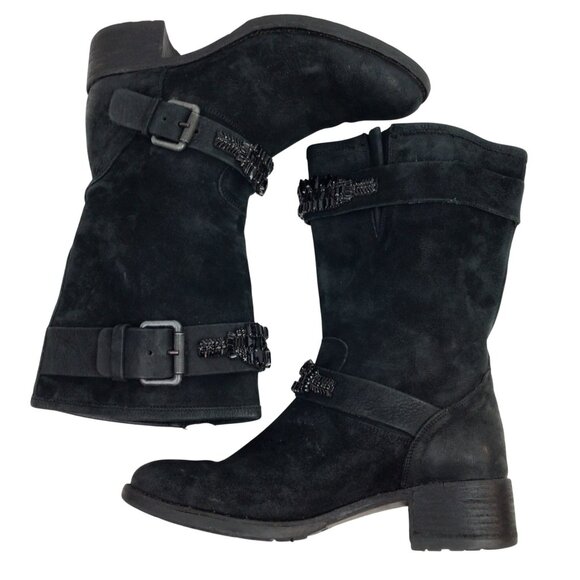 Vera Wang Lavender Uma Embellished Combat Moto Leather Mid-Calf Boots Womens 9.5 - Picture 4 of 14